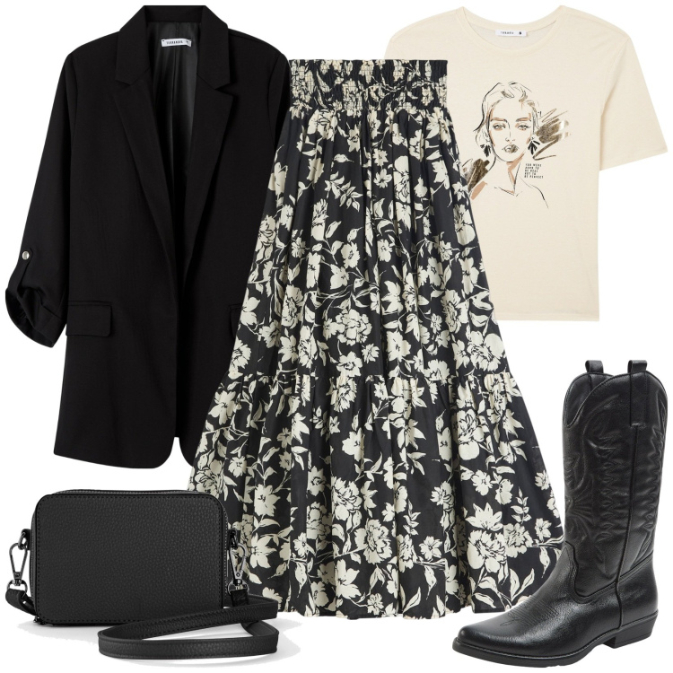 Outfit donna - Texano e gonnellone. Stile Boho per Tutti i giorni. Abbinamento con borse a tracolla, gonne lunghe, blazer, t-shirt, stivali.
