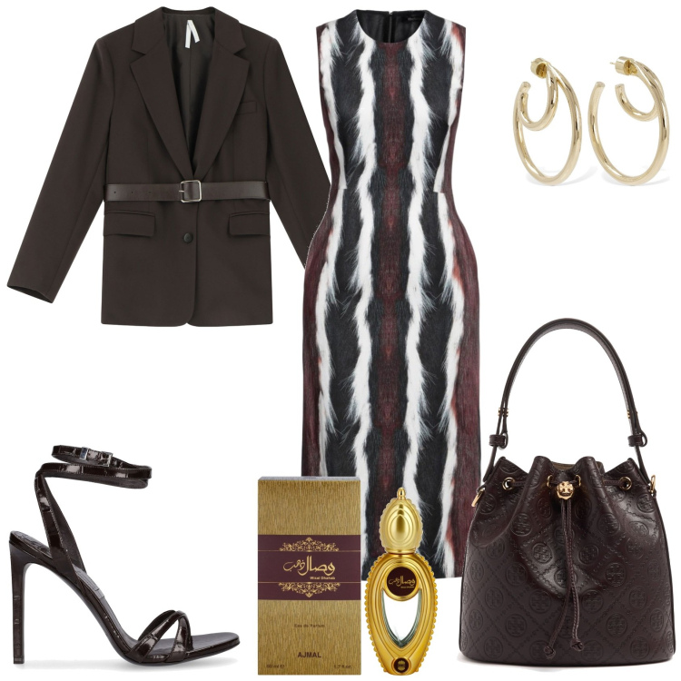Outfit donna - Chic in città. Stile Chic per Tutti i giorni. Abbinamento con vestiti midi/longuette, profumi, blazer, sandali in pelle, orecchini, borse a secchiello.