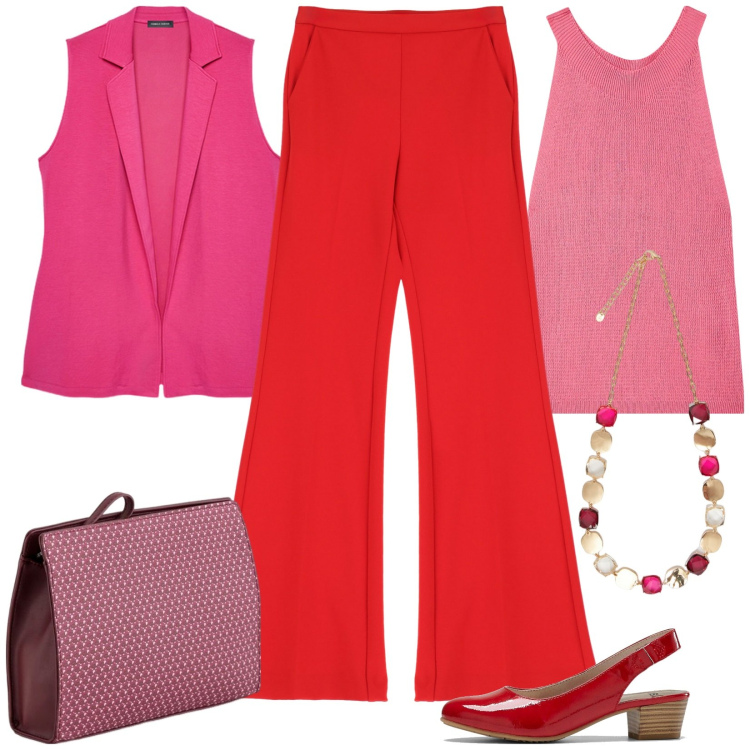 Outfit donna - In città con brio. Stile Casual chic per Tutti i giorni. Abbinamento con décolleté, top, pantaloni, collane, valigie, gilet.
