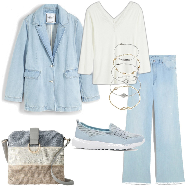 Outfit donna - Total look #2080003. Stile Casual per Tutti i giorni. Abbinamento con jeans, sneakers, braccialetti con ciondoli, blazer, maglieria, borse a tracolla.