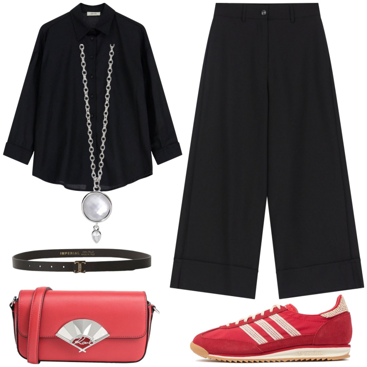 Outfit donna - Casual chic. Stile Casual chic per Ufficio. Abbinamento con borse a tracolla, collane, cinture, pantaloni a palazzo, camicie, sneakers.