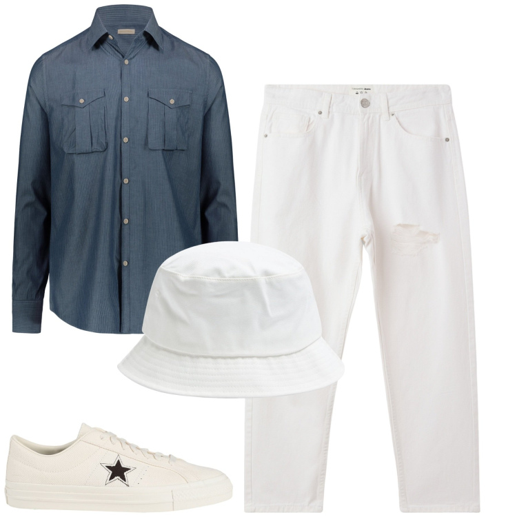 Outfit uomo - Total look #2080011. Stile Casual per Tutti i giorni. Abbinamento con sneakers, jeans strappati, cappelli, camicie.