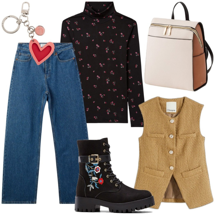 Outfit donna - Urban style. Stile Urban per Tutti i giorni. Abbinamento con stivali, gilet, t-shirt, jeans, zaini, portachiavi.