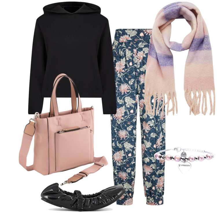 Outfit donna - Total look dí stagione. Stile Trendy per Tutti i giorni. Abbinamento con pantaloni, sciarpe, braccialetti, maglieria, ballerine, borse a mano.