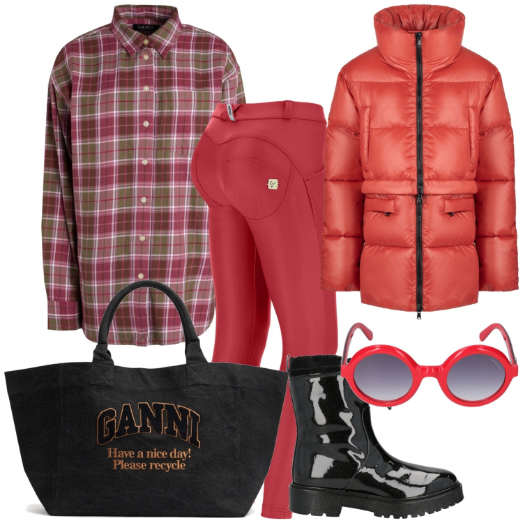 Outfit donna - Ultimo piumino d inverno. Stile Urban per Tutti i giorni. Abbinamento con stivaletti, camicie, pantaloni skinny, piumini, occhiali da sole, shopping bag.