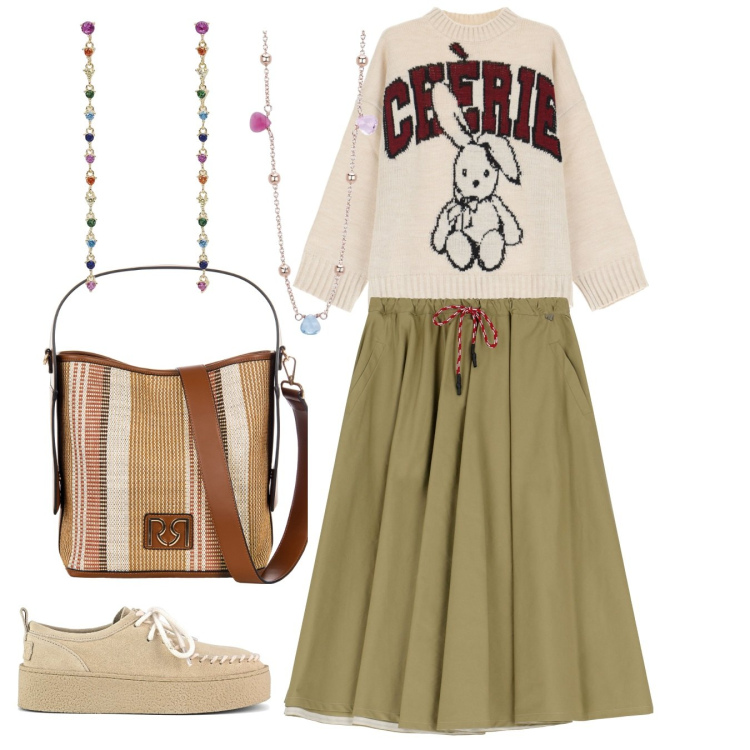 Outfit donna - Gonna. Stile Casual chic per Tutti i giorni. Abbinamento con orecchini, collane, borse a secchiello, gonne longuette, maglieria, mocassini.