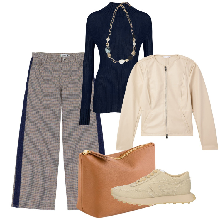 Outfit donna - Marzo. Stile Casual per Tutti i giorni. Abbinamento con sneakers, blazer, pantaloni a palazzo, maglieria, collane, valigie.