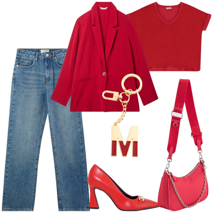 Outfit donna - Mini borsa rossa. Stile Glamour per Serata fuori. Abbinamento con blazer, jeans dritti, décolleté, t-shirt, borse a tracolla, portachiavi.
