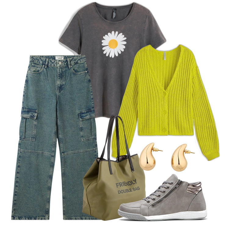 Outfit donna - Sweet basic. Stile Basic per Tutti i giorni. Abbinamento con sneakers alte, t-shirt, orecchini, cardigans, jeans, shopping bag.