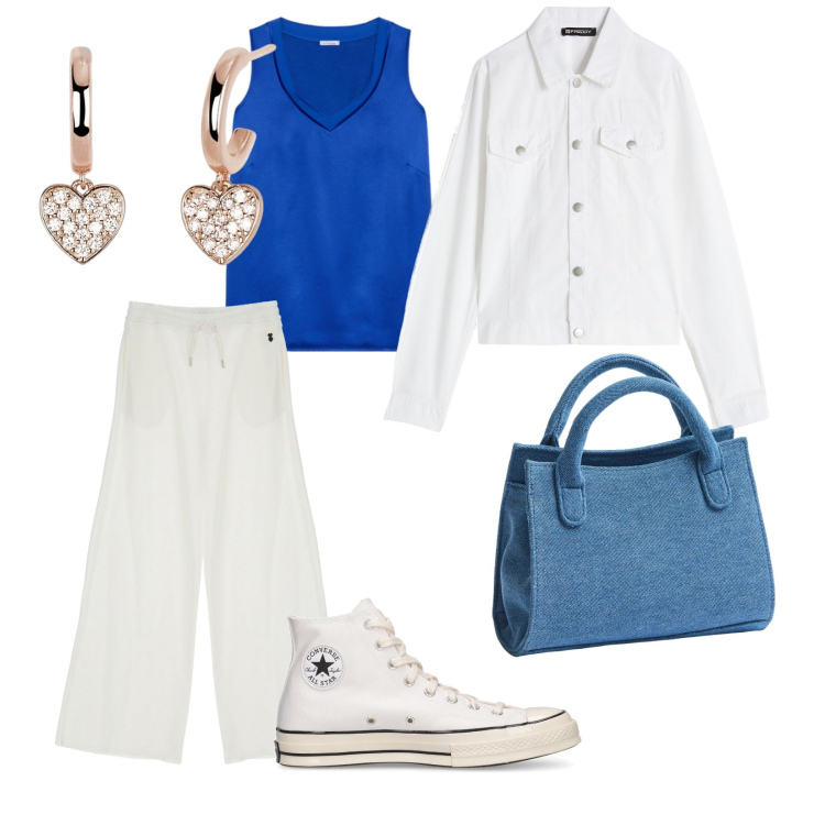Outfit donna - Sportiva sempre. per Tutti i giorni. Abbinamento con borse a tracolla, orecchini, pantaloni a palazzo, blazer, top, sneakers.