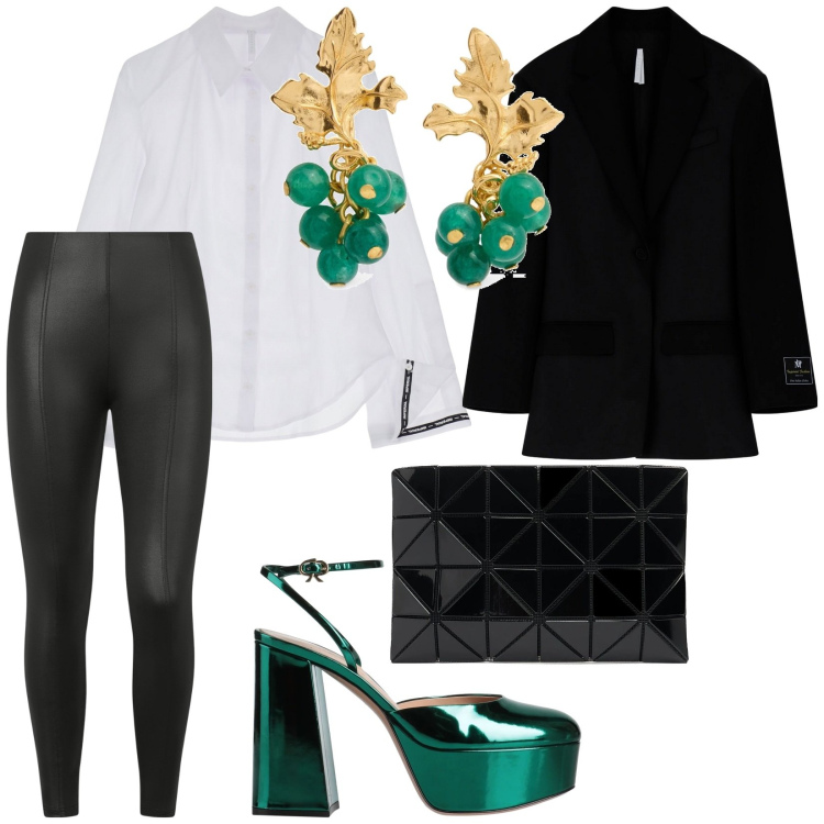 Outfit donna - Invito speciale. per Serata fuori. Abbinamento con décolleté, blazer, camicie, pantaloni skinny, orecchini, pochette.
