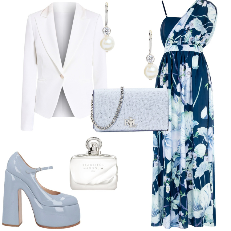 Outfit donna - Cerimonia evento serata speciale. Stile Romantica per Cerimonia. Abbinamento con décolleté, profumi, blazer, vestiti asimmetrici, borse a tracolla, orecchini.