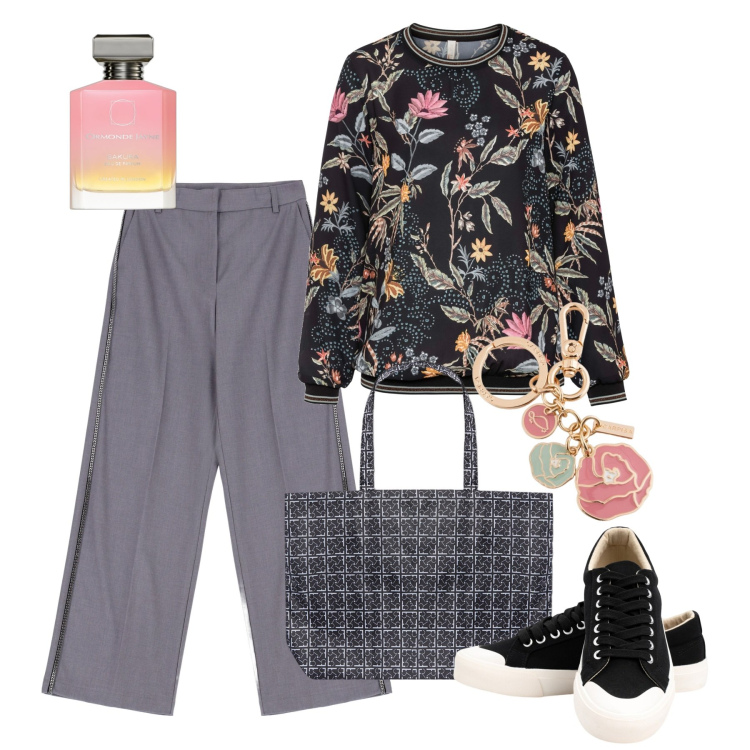 Outfit donna - Tocchi di primavera. Stile Basic per Tutti i giorni. Abbinamento con bluse, profumi, pantaloni, sneakers, shopping bag, portachiavi.