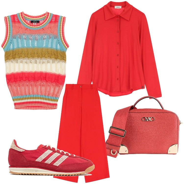 Outfit donna - Allegria. Stile Casual per Tutti i giorni. Abbinamento con borse a tracolla, pantaloni a palazzo, camicie, maglieria, sneakers.