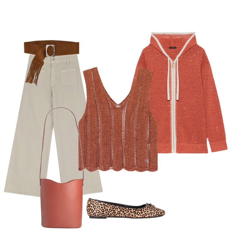 Outfit donna - La ballerina animalier. Stile Casual chic per Tutti i giorni. Abbinamento con ballerine, borse a mano, top, pantaloni, cinture, cardigans.