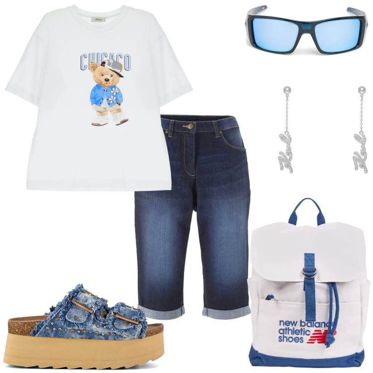 Outfit donna - Al bar della spiaggia. Stile Casual per Tutti i giorni. Abbinamento con bermuda, orecchini, zaini, t-shirt, zeppe, occhiali da sole.