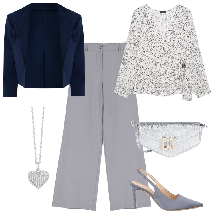 Outfit donna - Bluse fluide e romantiche. Stile Chic per Cerimonia. Abbinamento con décolleté, borse a tracolla, collane, blazer, pantaloni a palazzo, bluse.