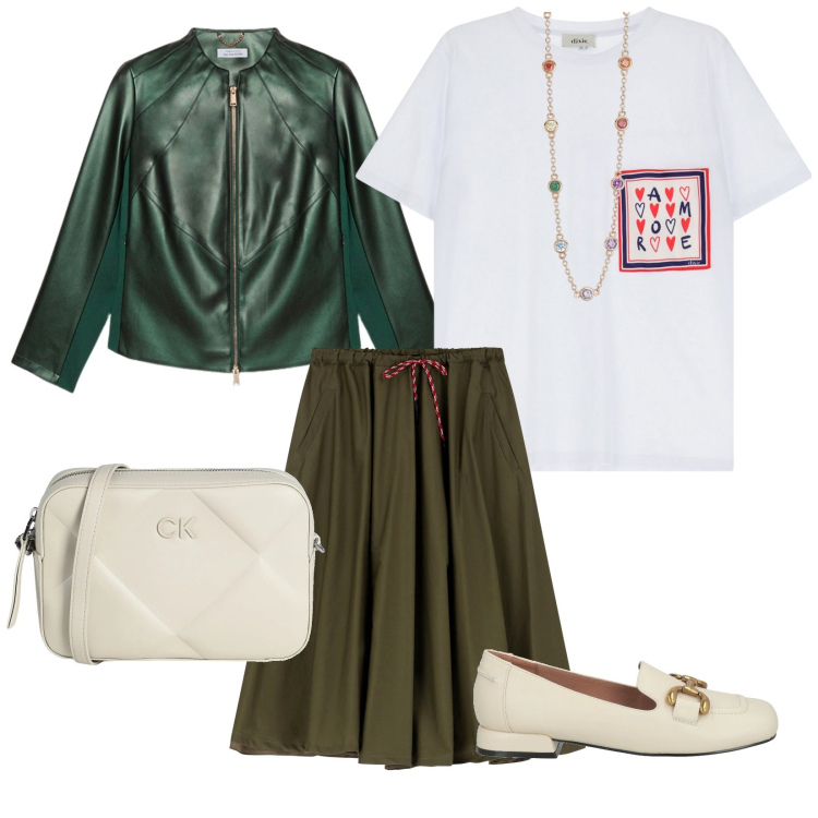 Outfit donna - Comoda e serena. per Tutti i giorni. Abbinamento con mocassini, borse a tracolla, collane, t-shirt, gonne longuette, blazer.