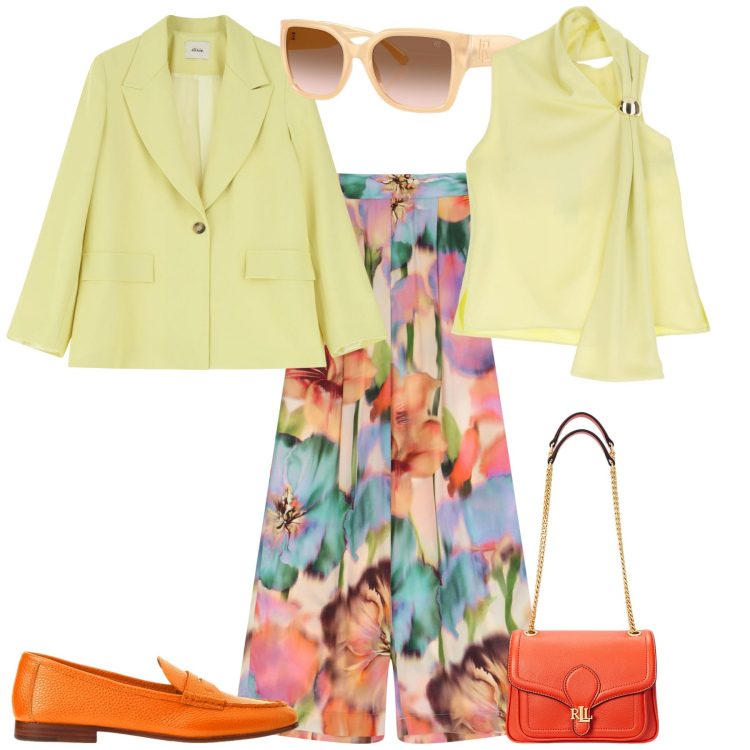 Outfit donna - Cerimonia evento speciale. Stile Romantica per Cerimonia. Abbinamento con top, blazer, pantaloni a palazzo, occhiali da sole, borse a spalla, mocassini.