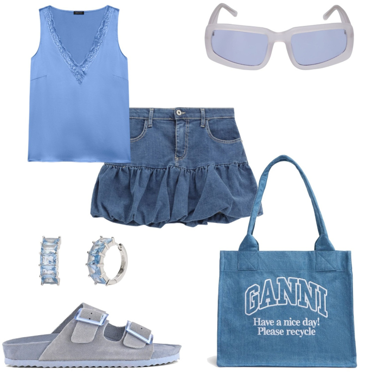 Outfit donna - Arrivo al mare. Stile Casual per Tutti i giorni. Abbinamento con orecchini, minigonne, sandali, top, shopping bag, occhiali da sole.