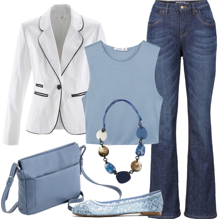 Outfit donna - Esame all\' università. Stile Casual per Scuola/Università. Abbinamento con jeans bootcut, blazer, ballerine, top, borse a tracolla, collane.