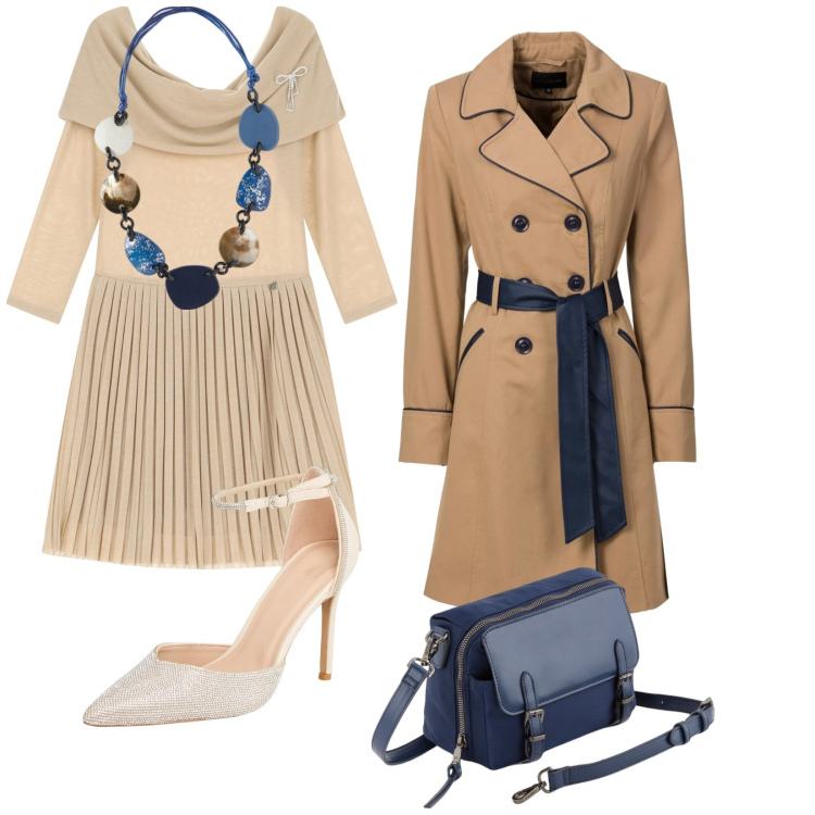 Outfit donna - Invito di famiglia. per Serata fuori. Abbinamento con trench, décolleté, vestiti, borse a tracolla, collane.