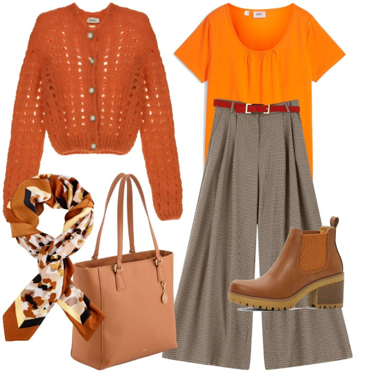 Outfit donna - Outfit mezza stagione. Stile Casual chic per Tutti i giorni. Abbinamento con stivaletti chelsea, t-shirt, pantaloni, cardigans, shopping bag, foulard.