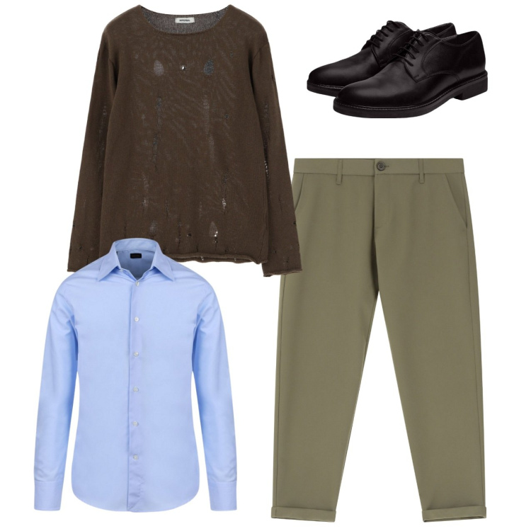 Outfit uomo - Casual over. Stile Casual per Tutti i giorni. Abbinamento con pantaloni chino, maglieria, scarpe stringate, camicie.