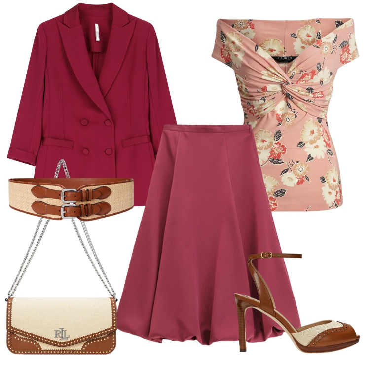 Outfit donna - Total look #2080098. Stile Chic per Cerimonia. Abbinamento con gonne longuette, blazer, t-shirt, cinture, borse a spalla, sandali in pelle.