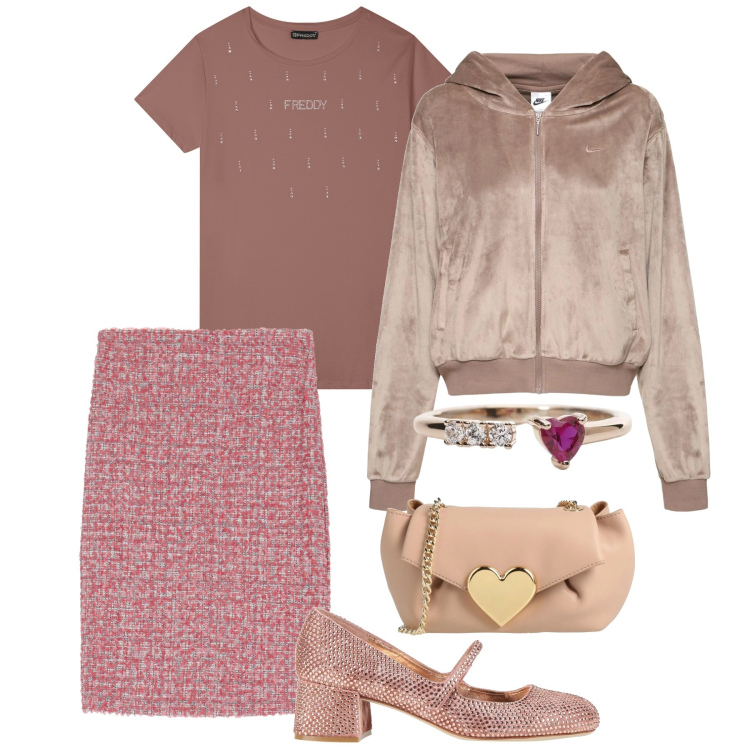 Outfit donna - Borse mini, stile maxi. Stile Romantica per Tutti i giorni. Abbinamento con décolleté, borse a tracolla, anelli, t-shirt, gonne longuette, felpe con cappuccio.