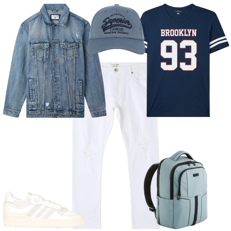 Outfit uomo - Total look #2080117. Stile Urban per Tutti i giorni. Abbinamento con sneakers, jeans strappati, cappelli con visiera, giacche, t-shirt, borse sportive.