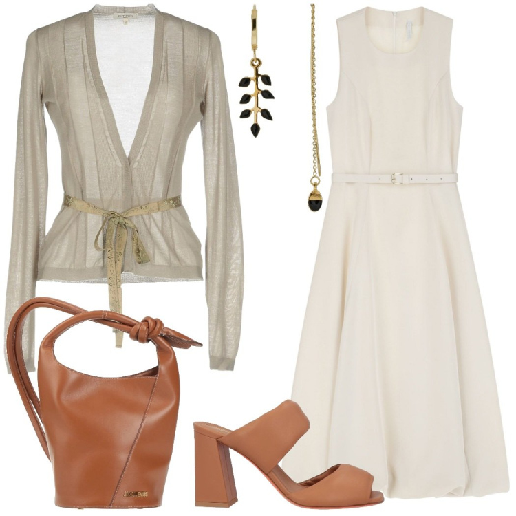 Outfit donna - Invito all\' inaugurazione. Stile Bon Ton per Cerimonia. Abbinamento con cardigans, sandali in pelle, borse a secchiello, vestiti midi/longuette, orecchini.