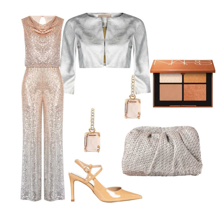 Outfit donna - Cerimonia in pastello. Stile Glamour per Cerimonia. Abbinamento con ombretti, bolero, tute, clutch, décolleté, orecchini.