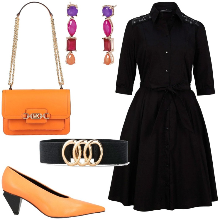 Outfit donna - L\'abito con le spalle traforate. Stile Chic per Serata fuori. Abbinamento con vestiti chemisier, cinture, borse a spalla, décolleté, orecchini.