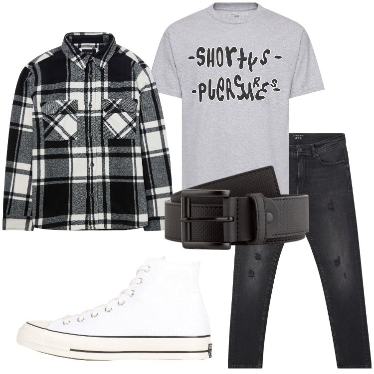 Outfit uomo - Espressione personale attraverso slogan. Stile Urban per Tutti i giorni. Abbinamento con sneakers alte, jeans strappati, cappotti, t-shirt, cinture.