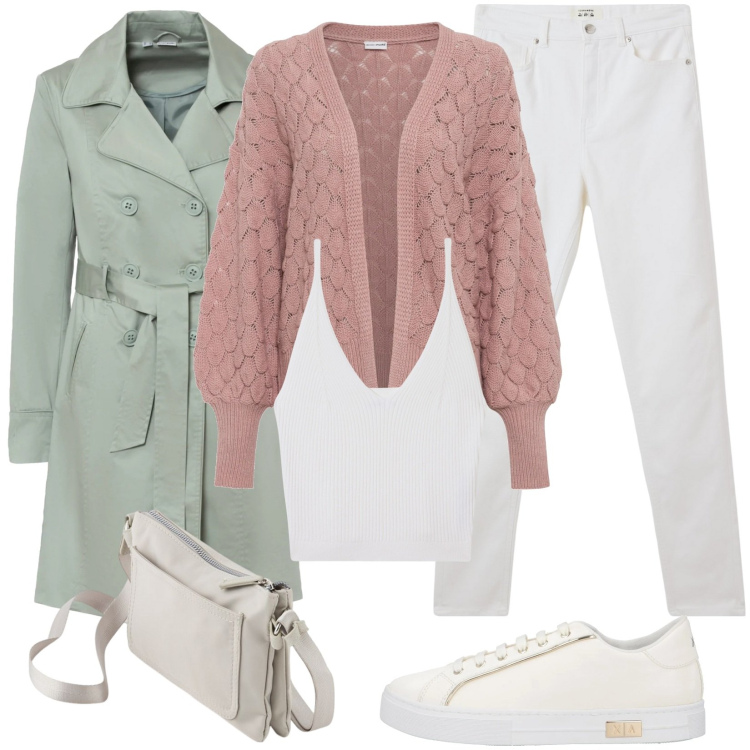 Outfit donna - Pastel Power. Stile Casual per Tutti i giorni. Abbinamento con cardigans, trench, sneakers, pantaloni skinny, top, borse a tracolla.