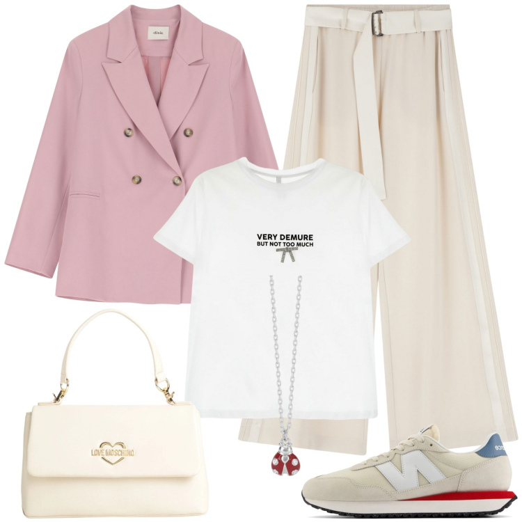 Outfit donna - Pastel Power. Stile Casual per Tutti i giorni. Abbinamento con borse a mano, collane, sneakers, t-shirt, pantaloni, blazer.