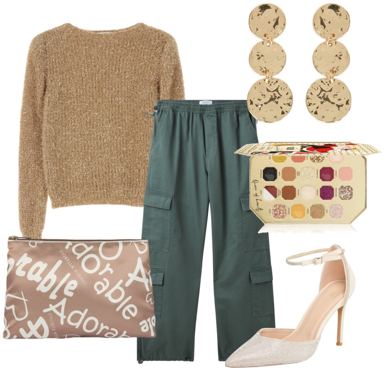 Outfit donna - Aperitivo in cargo. Stile Sporty chic per Serata fuori. Abbinamento con ombretti, pantaloni, décolleté, maglieria, orecchini, pochette.