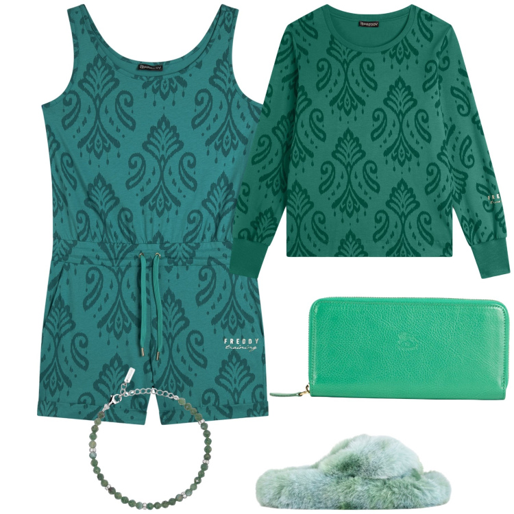 Outfit donna - Home green home. Stile Basic per Tutti i giorni. Abbinamento con portafogli, braccialetti, tuta corta, felpe, ciabatte.