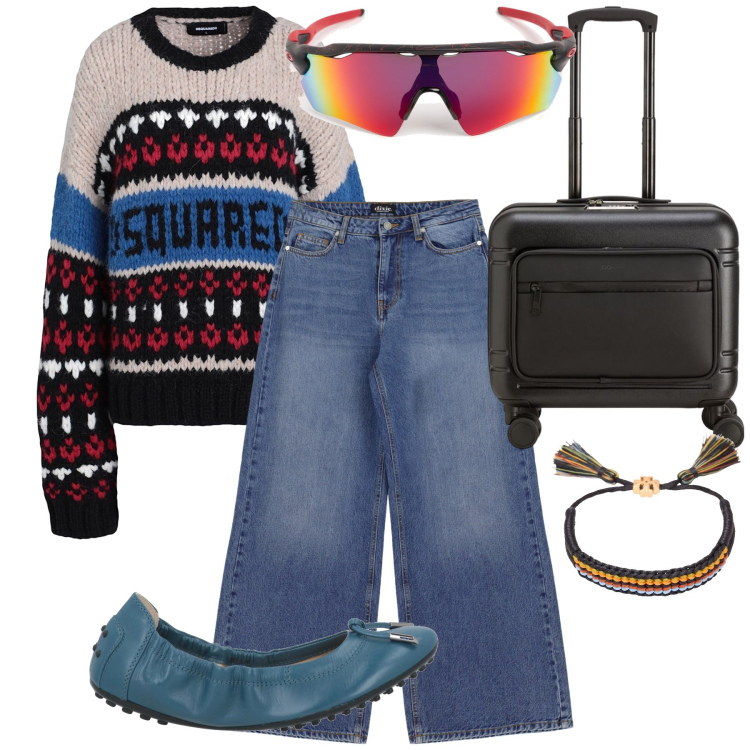 Outfit donna - Bagaglio a mano. Stile Trendy per Tutti i giorni. Abbinamento con pullovers, ballerine, braccialetti, jeans a zampa, valigie, occhiali da sole.