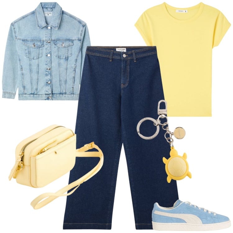 Outfit donna - La tracollina gialla. Stile Basic per Tutti i giorni. Abbinamento con sneakers, jeans, t-shirt, cappotti, borse a tracolla, portachiavi.