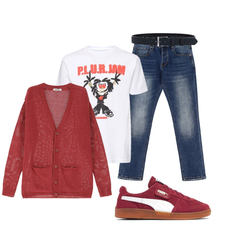 Outfit uomo - In ufficio con originalità. Stile Casual per Ufficio. Abbinamento con cardigans, cinture, jeans dritti, sneakers, t-shirt.