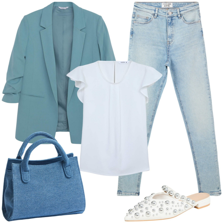 Outfit donna - Ispirazioni by Terranova p/e 2025. Stile Casual per Tutti i giorni. Abbinamento con bluse, jeans skinny, blazer, ballerine, borse a tracolla.