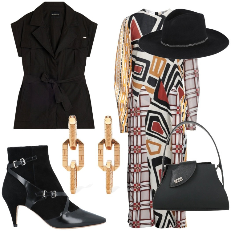 Outfit donna - Invitata alla mostra d\'arte. Stile Glamour per Serata fuori. Abbinamento con stivaletti, borse a mano, vestiti midi/longuette, cappelli, trench, orecchini.
