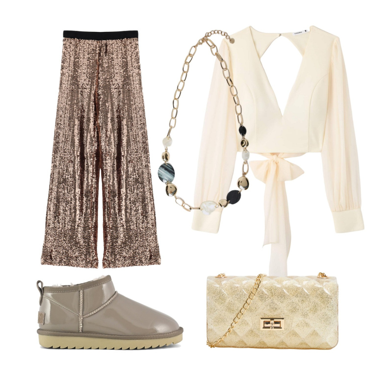 Outfit donna - Serata con amici. Stile Casual chic per Serata fuori. Abbinamento con bluse, borse a tracolla, pantaloni, stivali, collane.