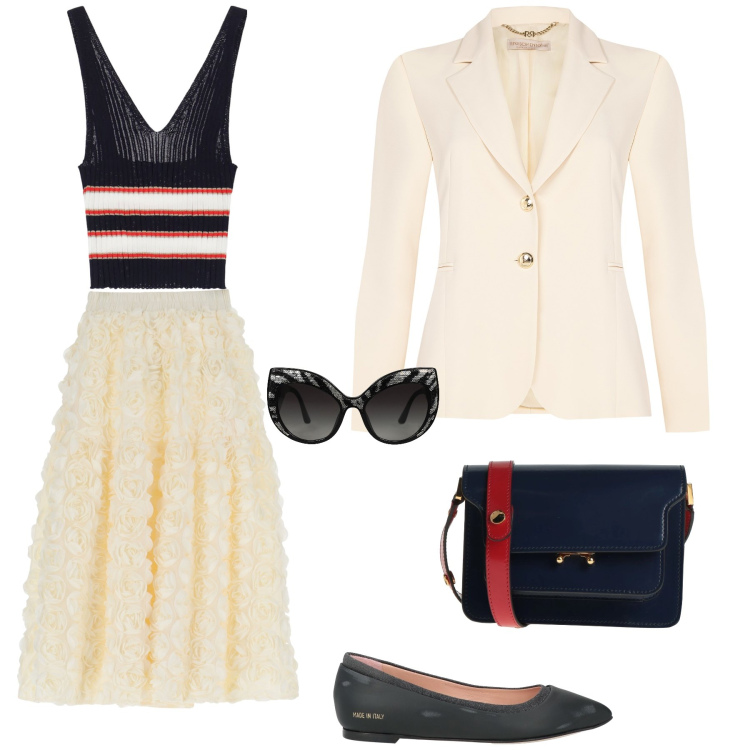 Outfit donna - Una bella giornata di sole. Stile Romantica per Tutti i giorni. Abbinamento con ballerine, borse a tracolla, occhiali da sole, top, gonne, blazer.