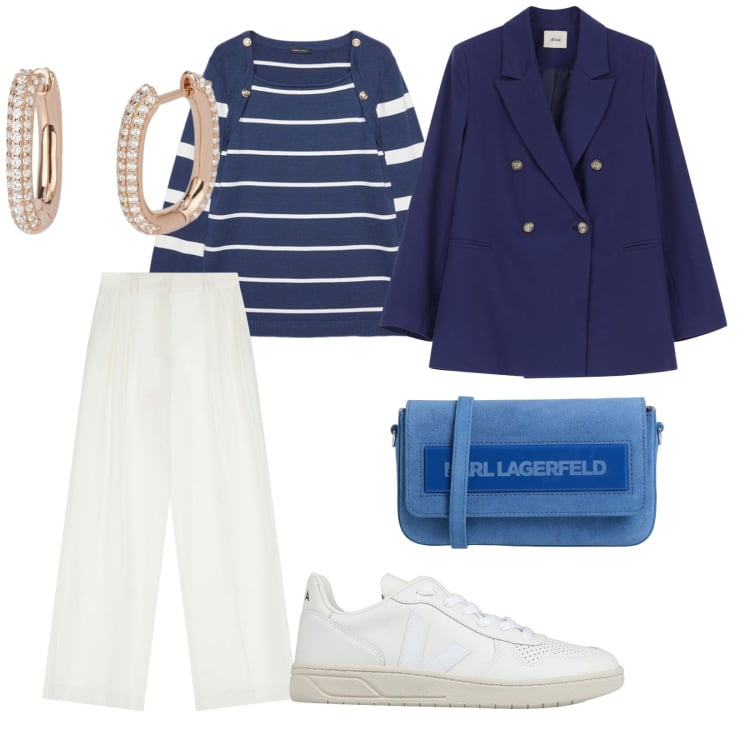 Outfit donna - Casual. per Tutti i giorni. Abbinamento con sneakers, borse a tracolla, maglieria, orecchini, pantaloni, blazer.