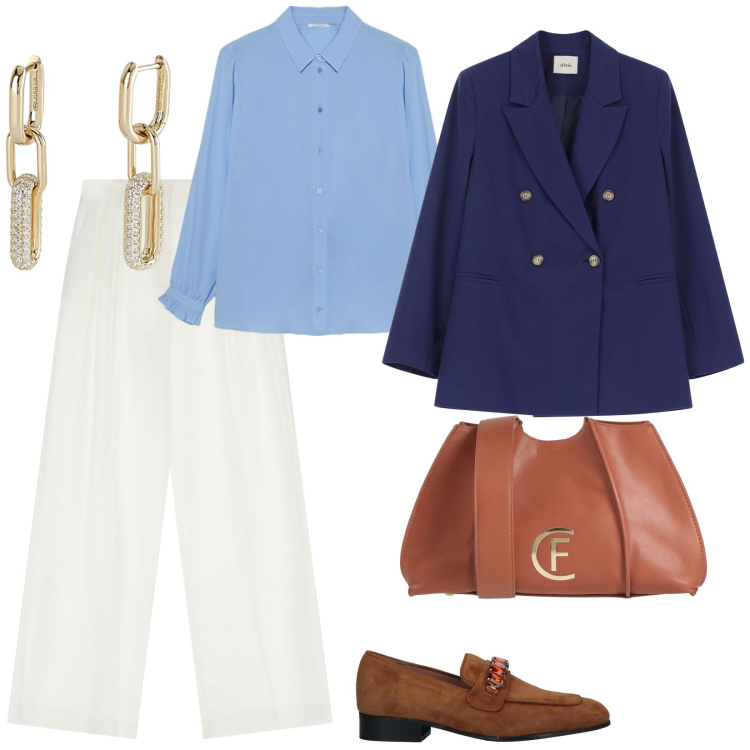 Outfit donna - Chic. per Ufficio. Abbinamento con borse a tracolla, mocassini, orecchini, pantaloni, blazer, camicie.