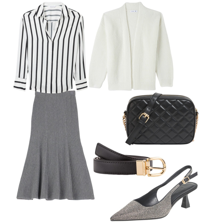 Outfit donna - Una gonna quasi a ruota. Stile Bon Ton per Ufficio. Abbinamento con borse a tracolla, décolleté, cardigans, camicie, gonne lunghe, cinture.