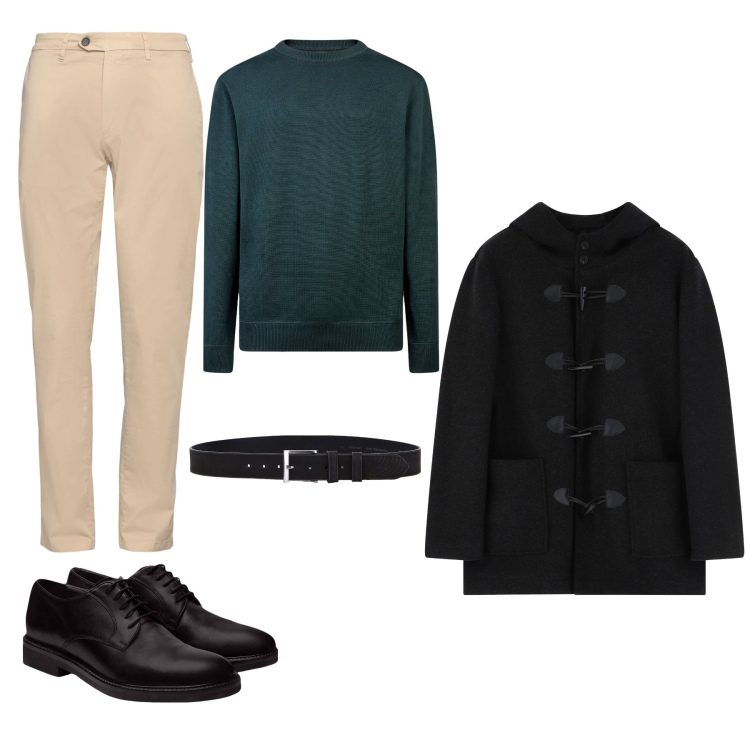 Outfit uomo - Il verde in ufficio. Stile Casual per Tutti i giorni. Abbinamento con pantaloni chino, parka, cinture, scarpe stringate, maglieria.